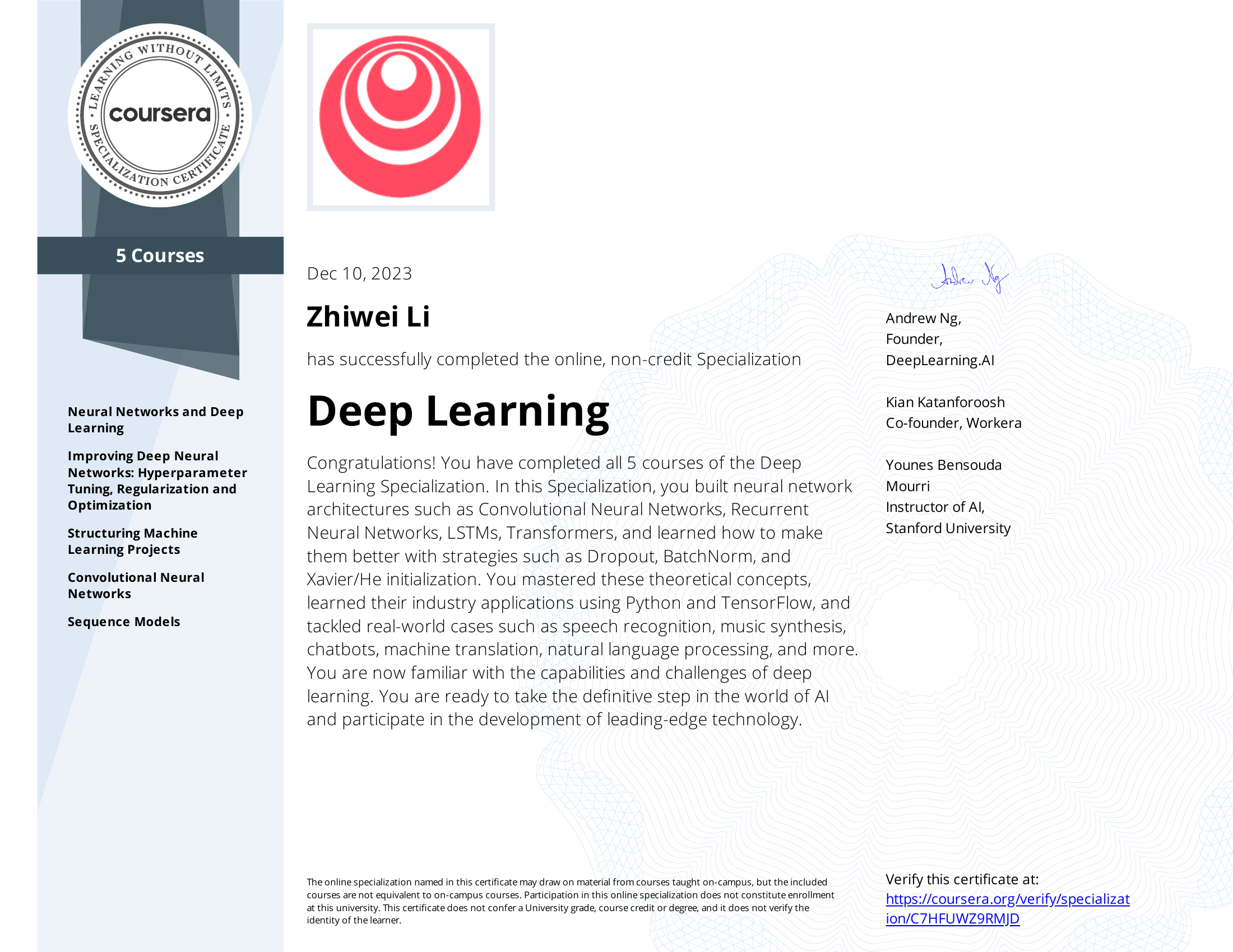 Coursera Deep Learning Specialization Certificate — Zhiwei Li, Dec 2023