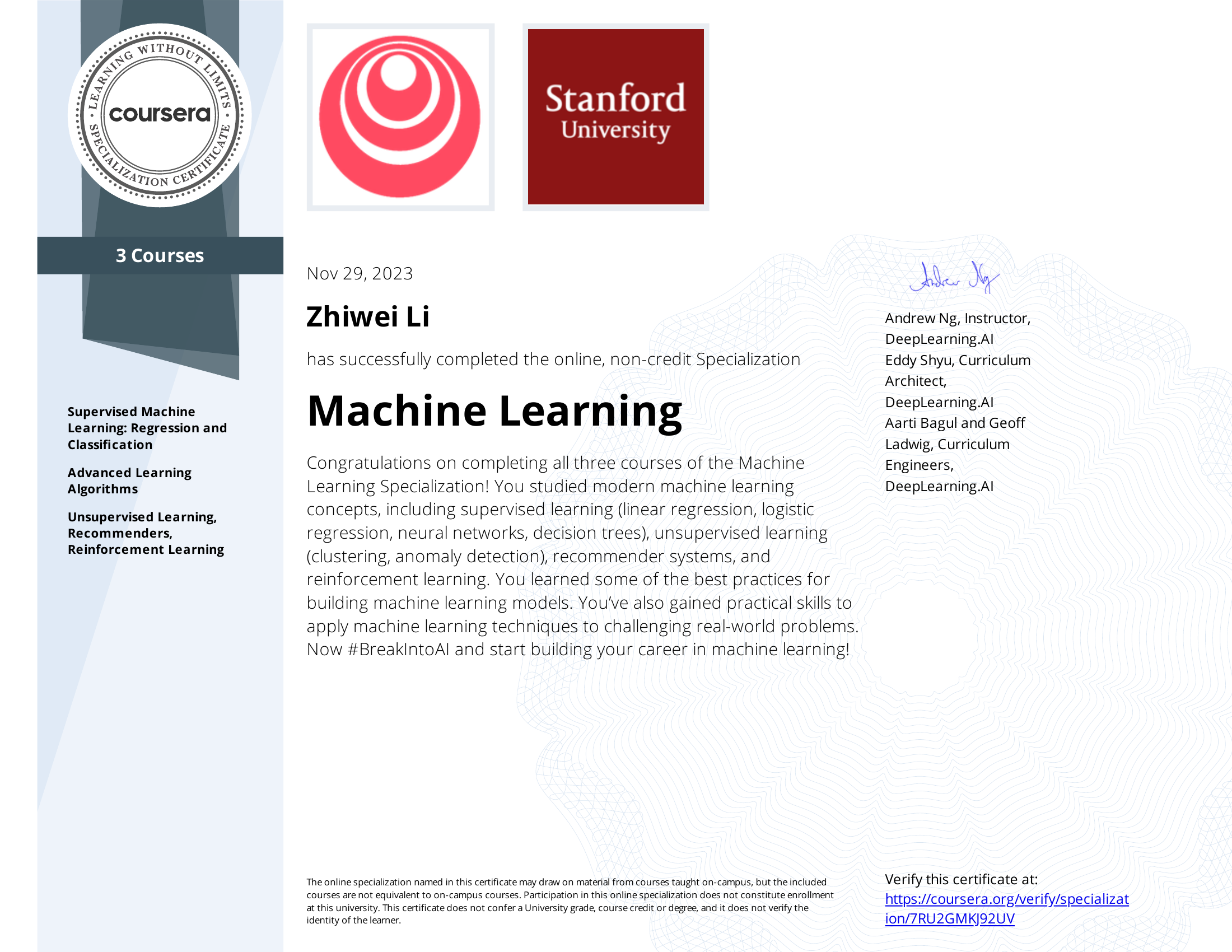 Coursera Machine Learning Specialization Certificate — Zhiwei Li, Nov 2023